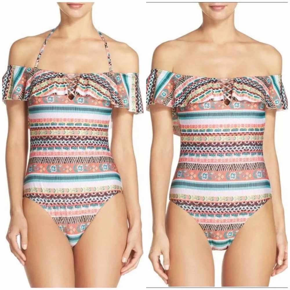 Becca Tapestry Off The Shoulder One Piece Swimsuit Removable Strap Sz M